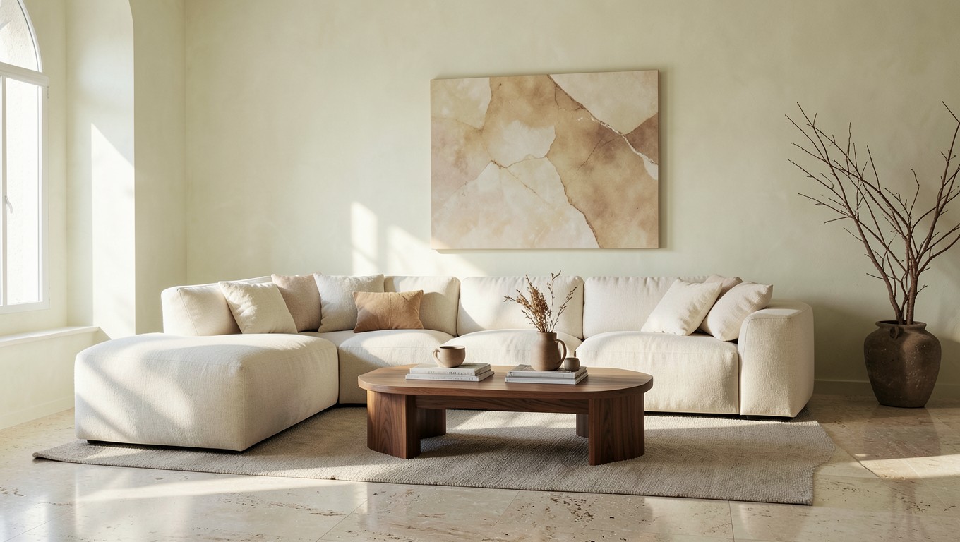 Sala luminosa con sofá modular y mesa de madera