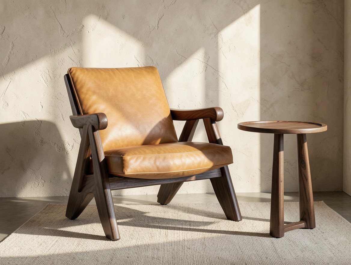 Detalle de sillón artesanal de madera y piel